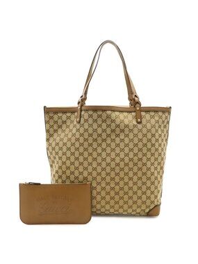 Gucci GG Canvas Tote Large Shoulder Bag Leather Light Brown Pouch
